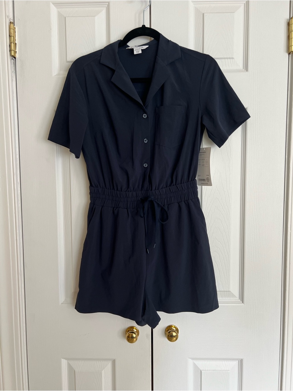 Athleta Navy Short-Sleeve Button Romper with Drawstring Waist